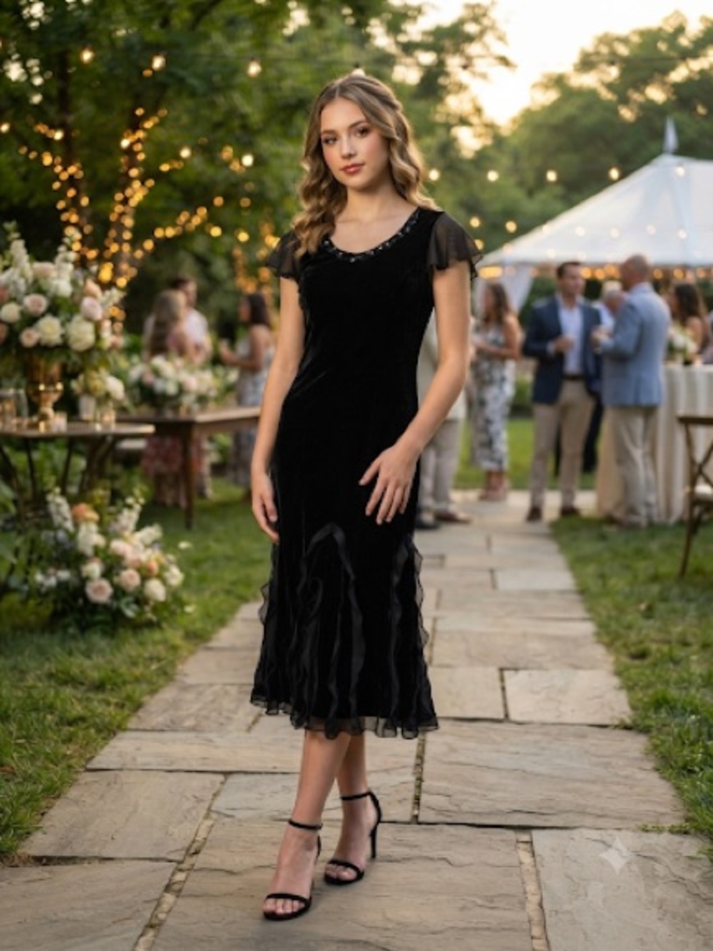 Miss Blumarine Black Velvet Cocktail Dress with Sheer Flutter Sleeves 14